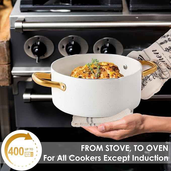 Pots and Pans Set - VONIKI Nonstick Granite Cookware Set, Gold Kitchen Cookware Sets, Non Toxic Cooking Pot Set, PFOA Free, Oven & Dishwasher Safe - Ideal Gift for Home Chefs