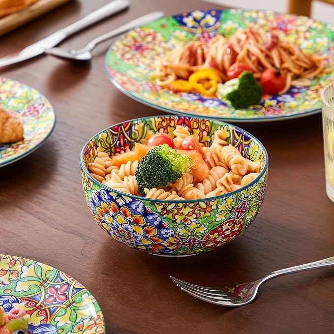 vancasso 12 Pieces Dinnerware Sets, Green Plates and Bowls Set, Porcelain Dishes Set for 4, Microwave and Dishwasher Safe, Scratch Resistant, Bohemian Style Dining Ware Service for 4, Series SIMI