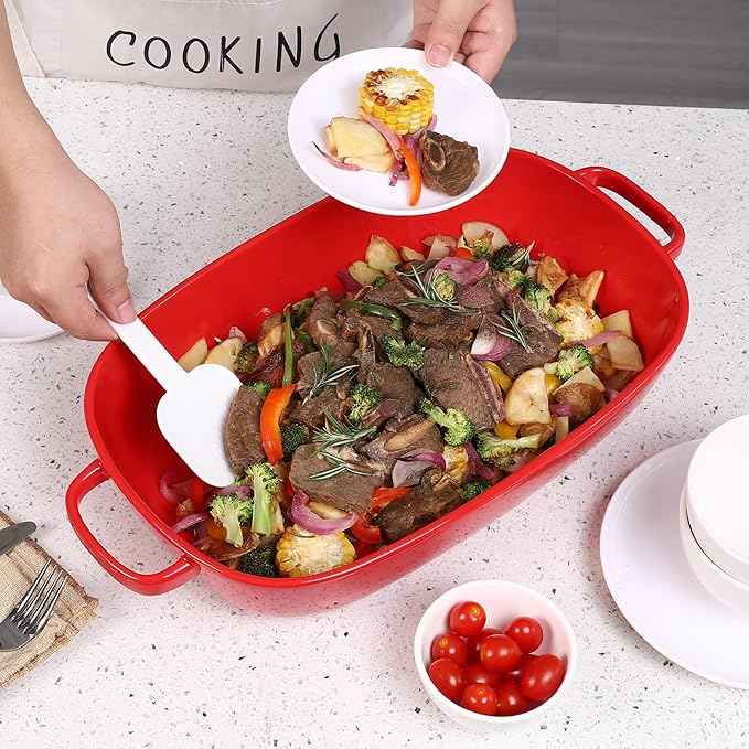 6 Quart Large Rectangular Baking Dish, 16x11 Inches Ceramic Baking Pan Casserole Dish for Cooking,Kitchen and Daily Use, Safe for Oven Microwave Refrigerator Disinfection Cabinet and Dishwasher,Red