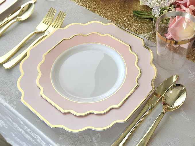 " OCCASIONS " 200 Piece set (25 Guests)-Wedding Plastic Plates & cutlery -Disposable heavyweight Dinnerware 10.5'', 8'' + Silverware + Cups + Napkins (Imperial in Blush Pink & Gold)