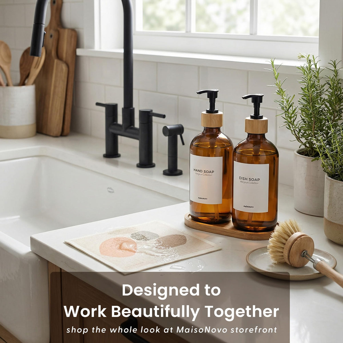 Dish Soap Dispenser Set (Amber Bottles Black Bamboo Pumps)