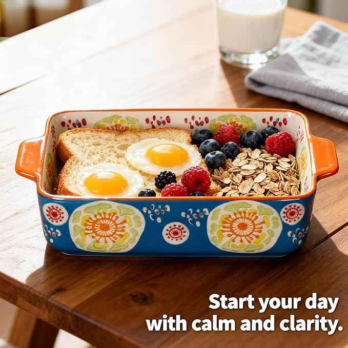 Ceramic Baking Dish Set, 2-Piece Stoneware Bakeware with Handles, 3QT & 1.2QT Casserole Dishes for Oven to Table, Microwave Dishwasher Safe, Lead-Free, Hand-Painted Bakeware -Ocean Blue