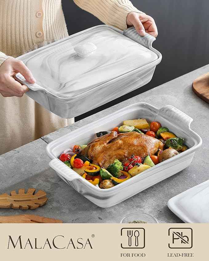 MALACASA Casserole Dish With Lid, 3.4 Quart Baking Dish With Lid, Lasagna Pan Deep Ceramic Bakeware Covered Casserole Dish, Microwave, Oven Safe, Series BAKE-GREY