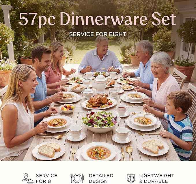Joseph Sedgh Collection "Sandra" 57-Piece Bone China Dinnerware Set, Service for 8, Blush Pink and Gold