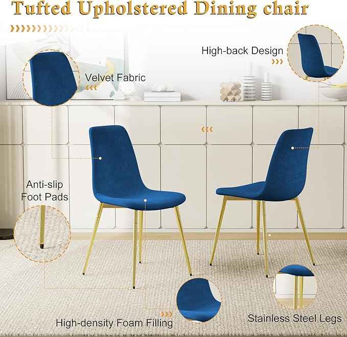 AF ARTISAN FURNITURE 36" Round Glass Dining Table Set for 4, 5-Piece Modern Kitchen Table with 4 Blue Scoop Velvet Chairs, Modern Circle Leisure Table for Home Office Dining Room (Silver Leg)
