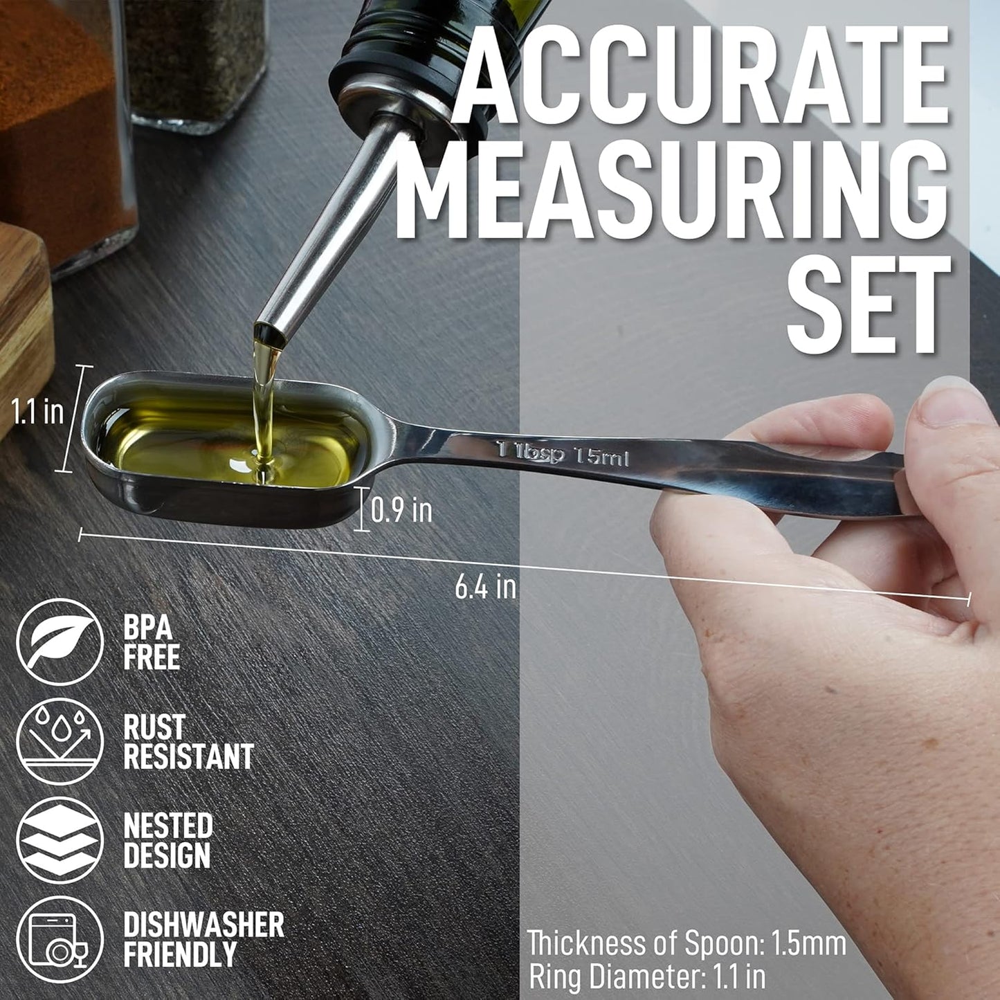 Zulay Heavy Duty Stainless Steel Measuring Spoons with Easy to Read, Slim Design for Narrow Spice Jars, 6 Piece Measuring Spoons with Etched Markings & Removable Clasp, Table Spoons Measuring Spoon