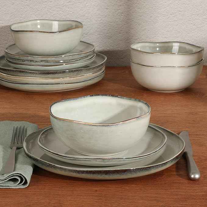 Gibson Elite Nardini 12 Piece (Service for 4) Plates and Bowls Reactive Glaze Dishes Stoneware Ceramic Dinnerware Set - Moon White