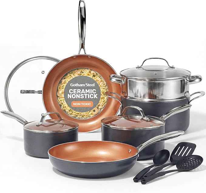 GOTHAM STEEL 15 Pc Ceramic Cookware Set, Ceramic Pots and Pans Set Non Stick with Cooking Utensils and Steamer, Non Toxic PFOA PFOS Free, Premium Stay Cool Handles, Oven & Dishwasher Safe