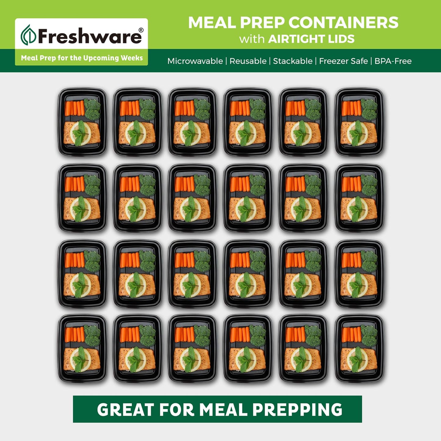Meal Prep Containers [50 Pack] 1 Compartment with Lids (Black / 24OZ-50PK)