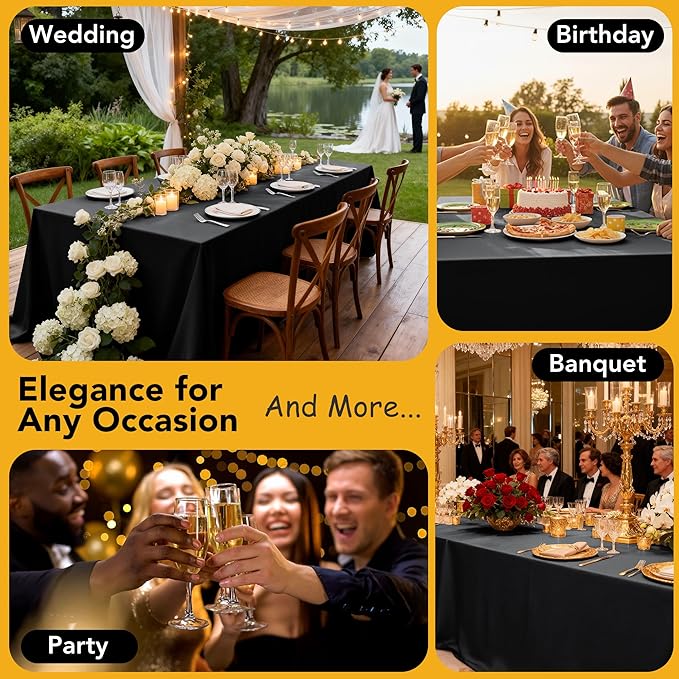 10-Pack Black Tablecloths for Rectangle Tables, 60 x 102 Inches, Stain-Resistant Polyester Fabric for 6 Foot Tables - Washable Table Covers for Weddings, Banquets, Birthday Parties, Events