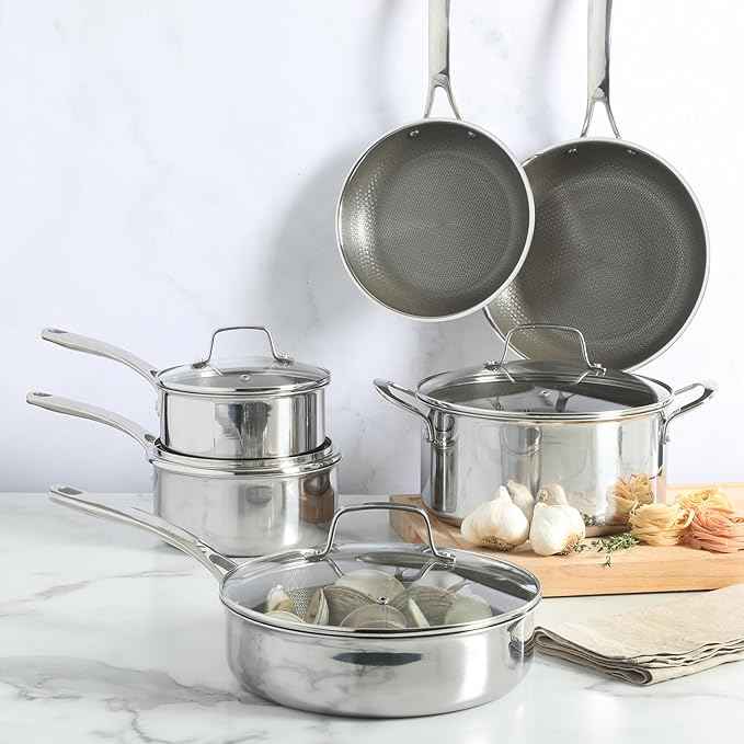 Martha Stewart Badgley Hybrid Nonstick 10 Piece TriPly Stainless Steel Pots and Pans Non-Toxic Kitchen Cookware Set - Laser Etched Perfect Sear Nonstick W/Stay Cool Handle Dishwasher & Induction Safe