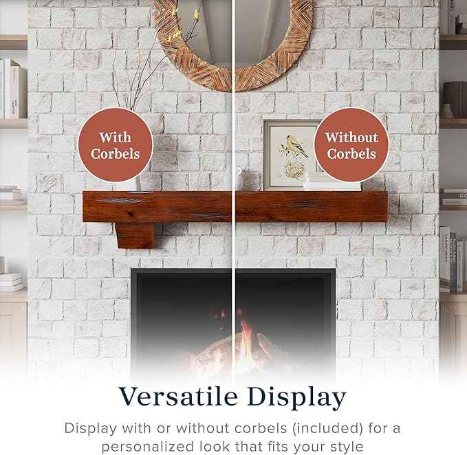 MANTELSDIRECT Breckenridge 48” Fireplace Mantel Shelf with Corbels – Rustic Floating Mantel Shelf for Over Fireplace – Cherry - Wood Shelf for Wall – Pine Box Construction