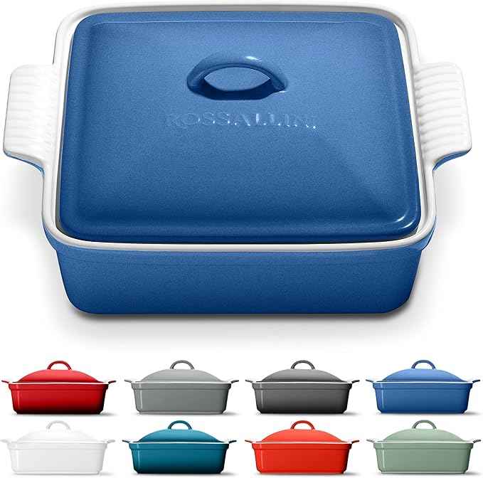 Stoneware Casserole Dish Bakeware with Lid | Covered Square Dinnerware | Large 2.5Quart, [Reactive Blue]
