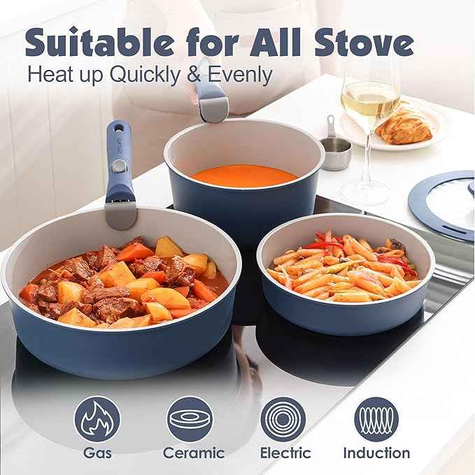SENSARTE 17 Piece Ceramic Pots and Pans Set, Nonstick Detachable Handle Cookware, Induction Kitchen Cookware Set with Removable Handle, Dishwasher ＆ Oven Safe (Navy)