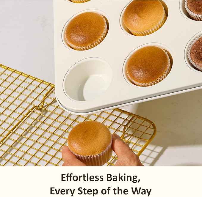 CAROTE 6-Piece Nonstick Ceramic Baking Pans Set - Bakeware Sets Including Cookie Sheets for Baking, Muffin Pan, Bread Pan, Cake pan, Loaf Pan, Cooling Rack, Mustard Yellow & Cream White