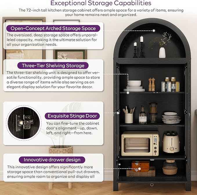 TYBOATLE 71" Tall Arched Pantry Cabinet with Innovative Drawer, Kitchen Cabinet with Anti-Tipping Device and Glass Door, Versatile Cupboard for Kitchen, Dining, Black