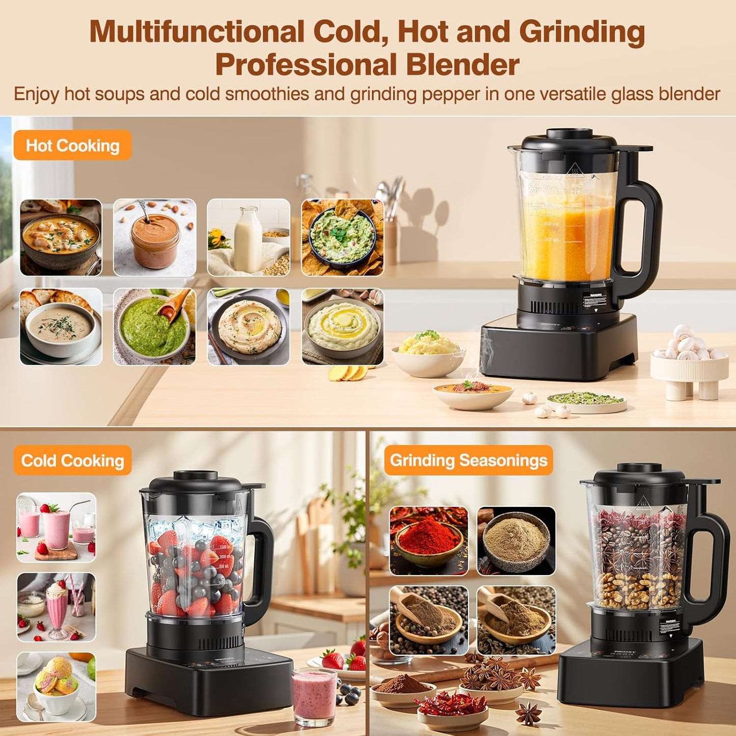 Blenders for Kitchen with Heating, PRASKY 1500W Professional Heating Blender 55oz Glass Jar,25000RPM Powerful Soy Milk Maker, Smoothies Blender, Auto Clean for Smoothies Soups Sauces (Black)