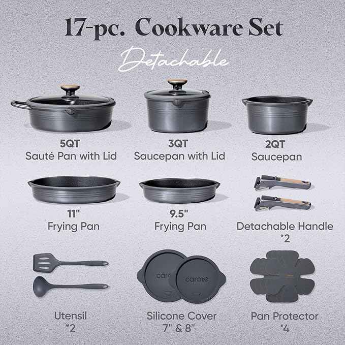 CAROTE 17Pcs Titanium Pots and Pans Set, Cookware Set Nonstick, Kitchen Cooking Set with Detachable Handle, RV/Camping Cookware, Dishwasher/Oven Safe, Grey