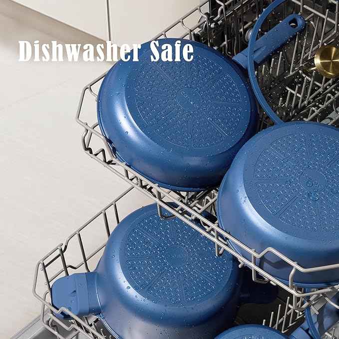 CAROTE Ceramic Cookwar Set, Pots and Pan Set Non Stick 16 Piece, Cookware Set Kitchen Cooking Set Non Toxic, PFAS PTFE Free, Blue