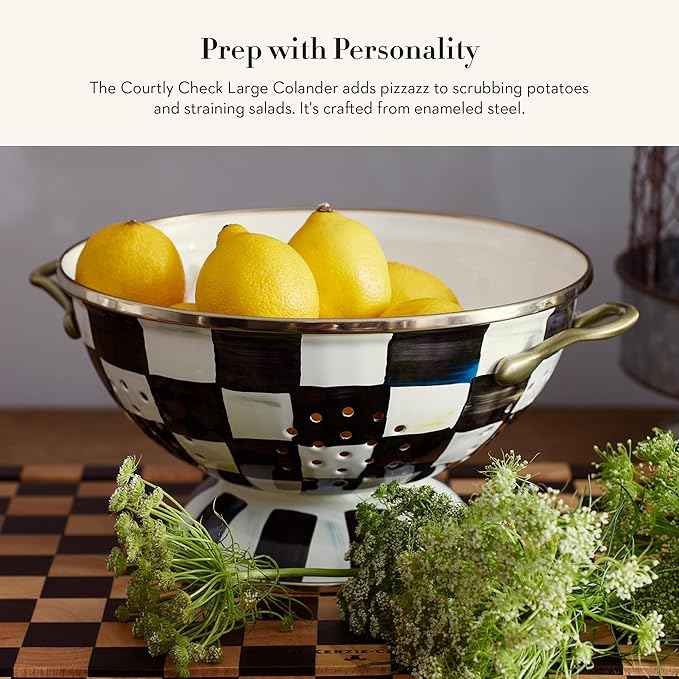 MACKENZIE-CHILDS Enamel Colander, Decorative Kitchen Strainer, Large, Black-and-White Courtly Check