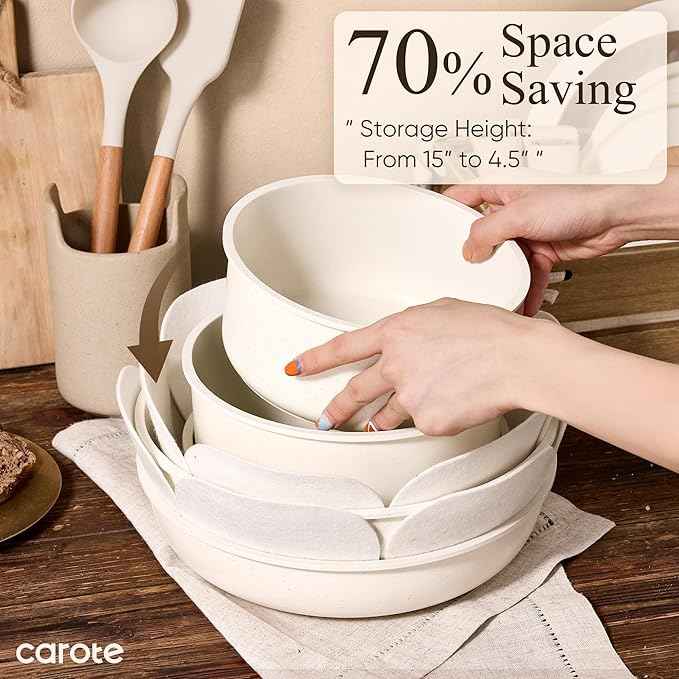 CAROTE Pots and Pans Set Non Stick, Cookware Sets, Kitchen Set, Oven/Dishwasher/Fridge Safe, Space Saving Pots Set, Nonstick Set with Versatile Detachable Handle, Induction RV Set, Cream