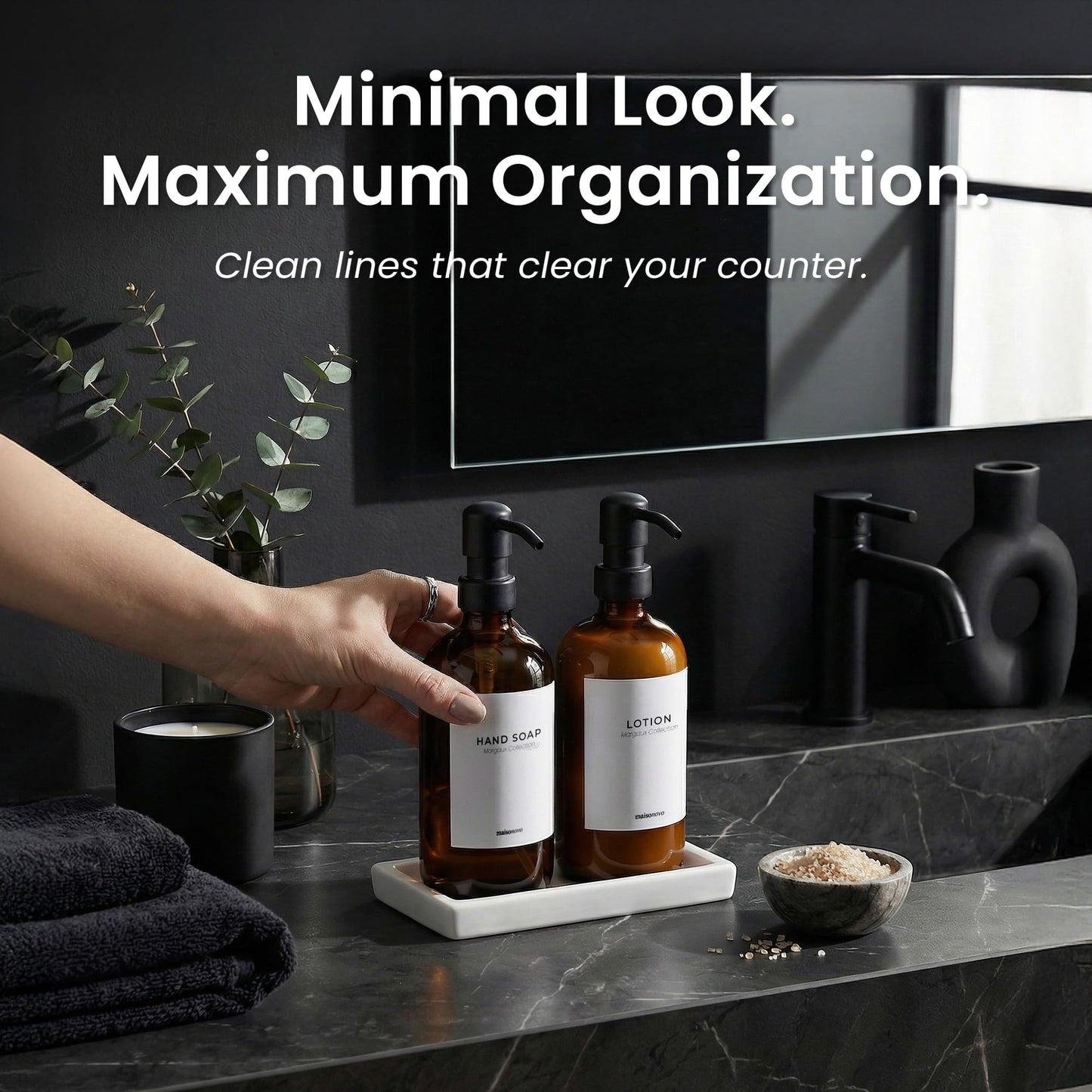 Bathroom Soap Dispenser Set (Amber Bottles Black Pumps)