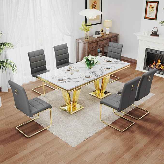 7 Piece Luxury Dining Room Set, Modern Dining Table and Upholstered Chairs Set, Marble Kitchen Table Set for 6, Big Kitchen Dinner Tables Kit with Gold Base