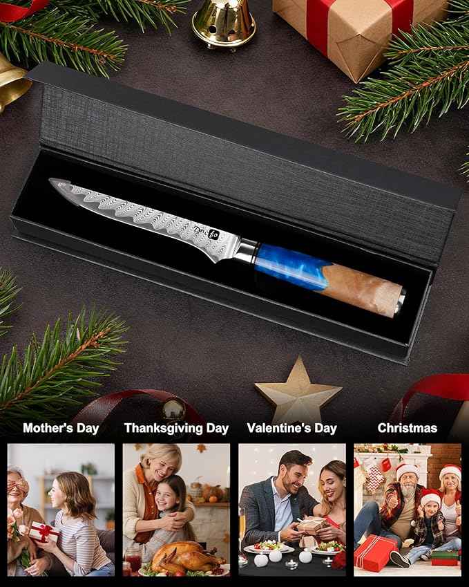 Damascus Boning Knife 6 Inch,VG10 Core Steel with 66-Layers High Carbon,Professional Boning Knives for Meat Poultry Chicken,Blue Resin & Wood Handle,Ideal Gift for Chefs and Cooking Lovers