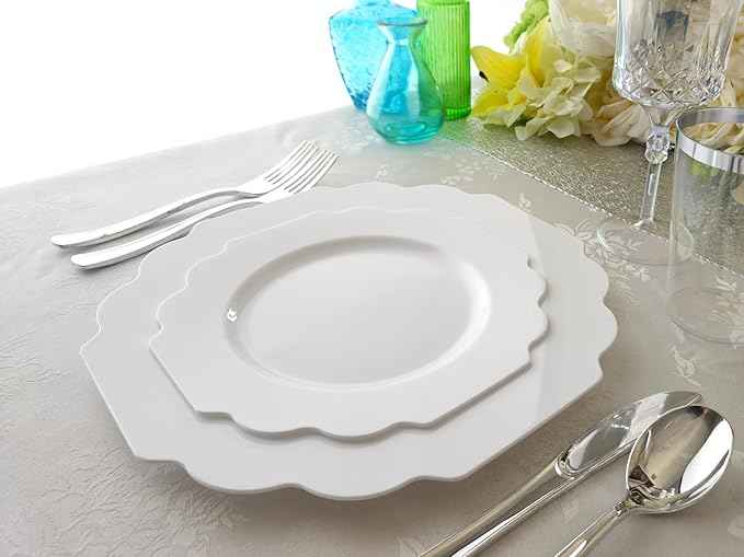 " OCCASIONS " 960 Piece set (120 Guests)-Heavyweight Wedding Party Disposable Plastic Plate Set - 120 x 10.5'' + 120 x 8'' + Silverware + 12oz Cups + Napkins (Imperial in White)
