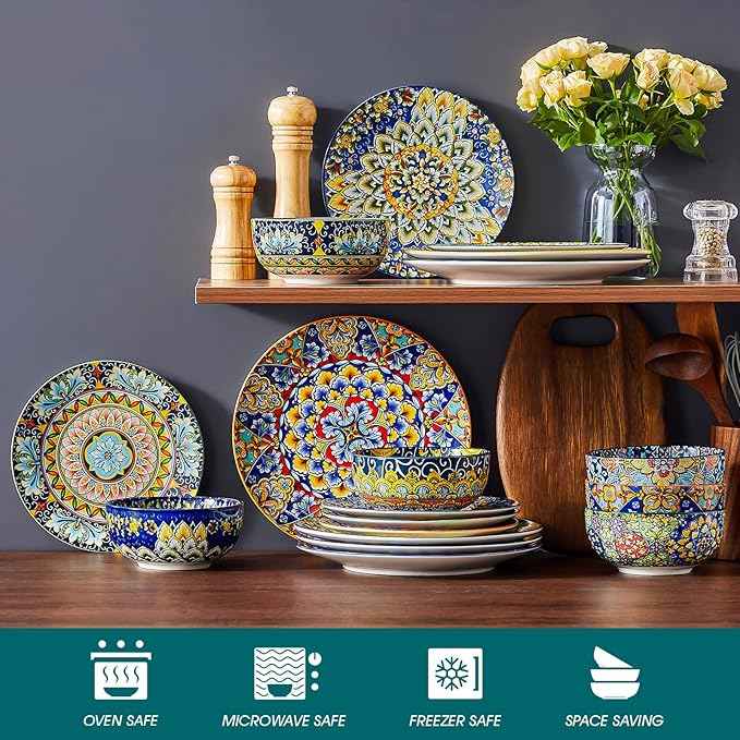 vancasso 18 Pieces Dinnerware Sets, Plates and Bowls Set, Porcelain Dishes Set for 6, Microwave and Dishwasher Safe, Scratch Resistant, Bohemian Style Dining Ware Service for 6, Series SIMI