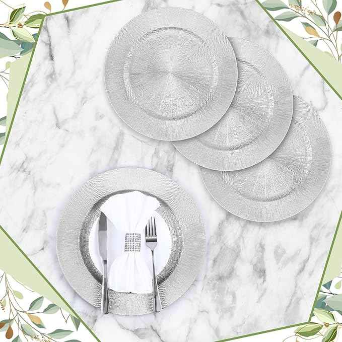Tanlade 50 Pcs Silver Charger Plates Bulk, 13" Round Plastic Dinner Charger Plate, Shiny Silver Table Chargers Serving Plates Catering Tabletop for Thanksgiving Halloween Christmas Wedding Party Decor
