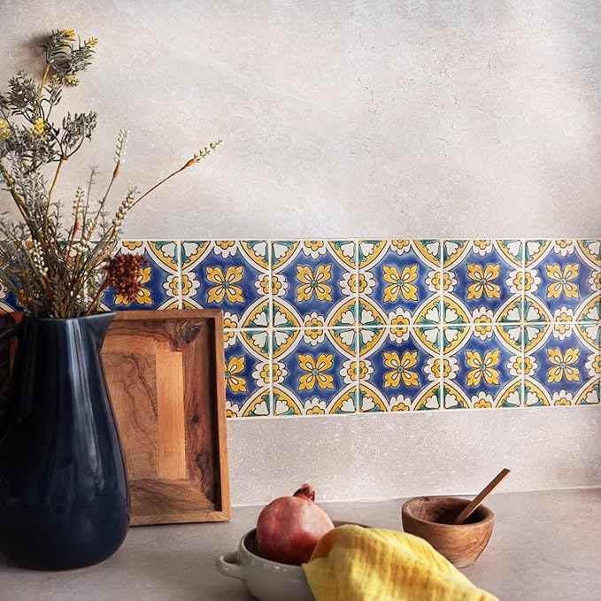 Set of 9 Decorative Ceramic Tiles – Hand Painted Indoor & Outdoor – Spanish Artisan Top Kitchen – Mediterranean Decorative Tilles 3.94x3.94 / One Tile – Durable Colorful – 140 g Each (Mediterranean)