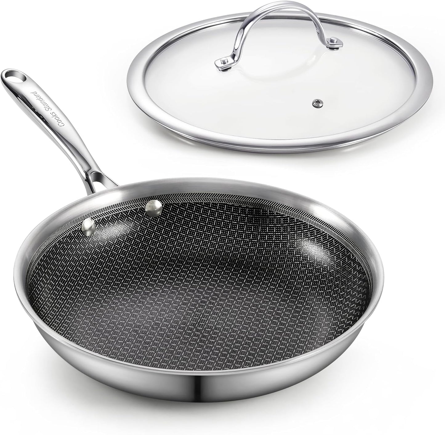 Cooks Standard Hybrid Nonstick Frying Pan, 10-Inch Skillet, Multi-Ply Clad Stainless Steel Fry Pan with Tempered Glass Lids, Oven Safe, Compatible with All Stovetops