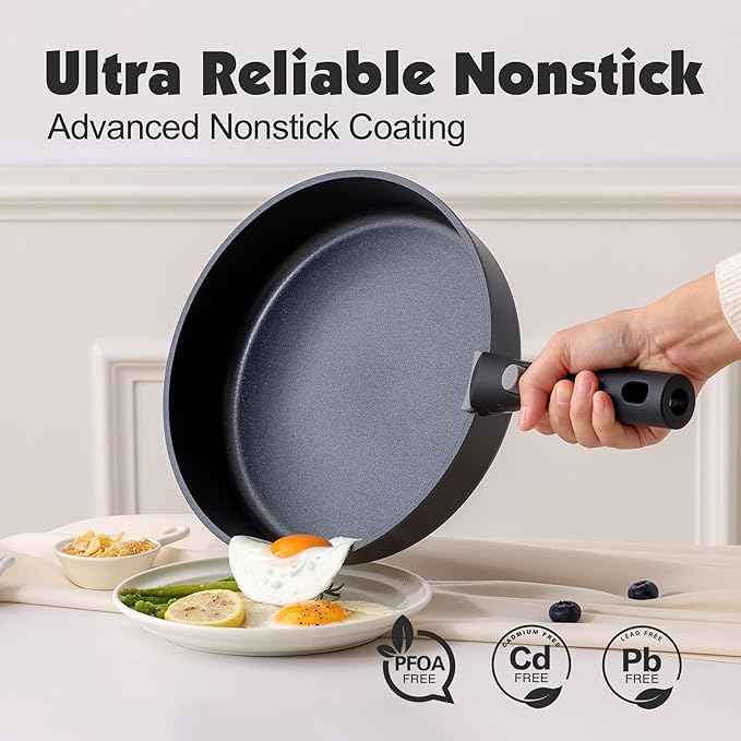 SENSARTE 17 Piece Pots and Pans Set, Nonstick Detachable Handle Cookware Set, Induction Kitchen Cookware Set with Removable Handle, Healthy Non Stick for RV, Dishwasher ＆ Oven Safe, PFOA Free (Black)