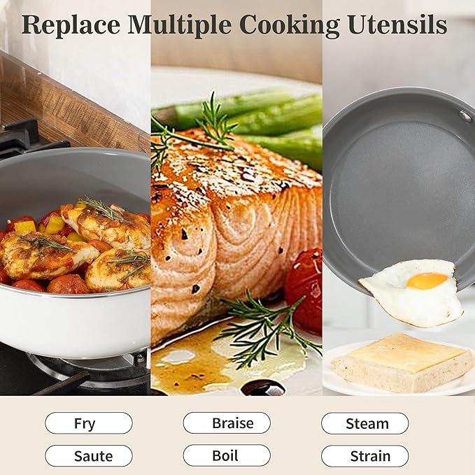 10-Inch Ceramic Non-Stick Cookware Set, 8-in-1 Multifunctional Cookware, Interior & Exterior Ceramic Coating, PFAS/PTFE/PFOA-Free, Compatible with All Stovetops， Oven-Safe up to 450°F