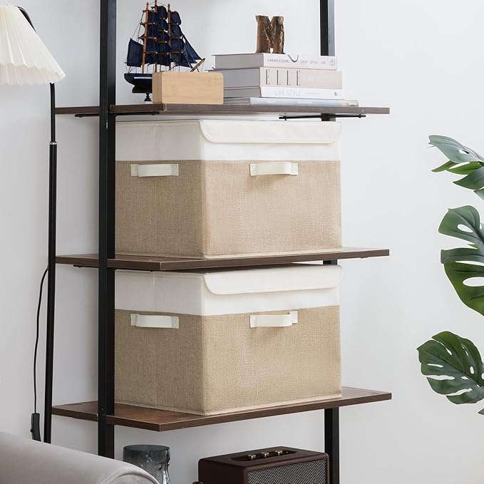 GRANNY SAYS Storage Boxes with Lids, Decorative Storage Bins, Shelf Baskets, Clothes Storage and Organization, White/Khaki, 2-Pack
