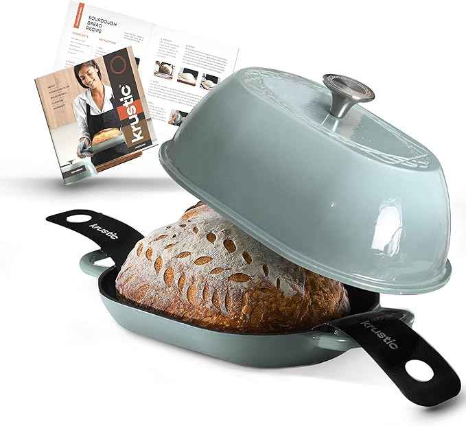 Enameled Cast Iron Dutch Oven for Professional Sourdough Bread Baking | 5.5 Quart Loaf Size Oval Cookware Pot with Lid | Triple-Layer Enamel Coating Pan with Non Stick Silicone Mat | Sea Salt