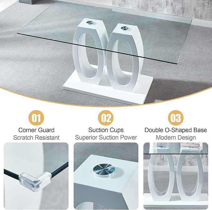 63" Glass Dining Table Set for 6, 7-Piece Rectangular Kitchen Table with Tempered Glass Top, White Double O-Shaped MDF Base, and 6 Grey Velvet Upholstered Chairs for Dining Room, Living Room, Office