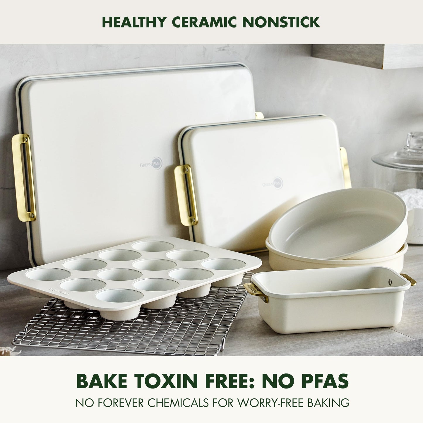 Bakeware Set 7 Piece Nonstick Ceramic Gold Handle Baking Sheets (7 Piece Bakeware Set / Cream)