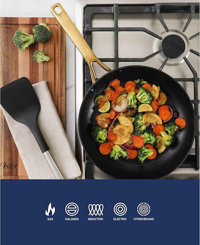 Oster Platinum Abbotsford 11-Inch Nonstick Skillet Fry Pan – Matte Black Stripe Cookware with Gold Handle, Dishwasher Safe, Modern Kitchen Essentials