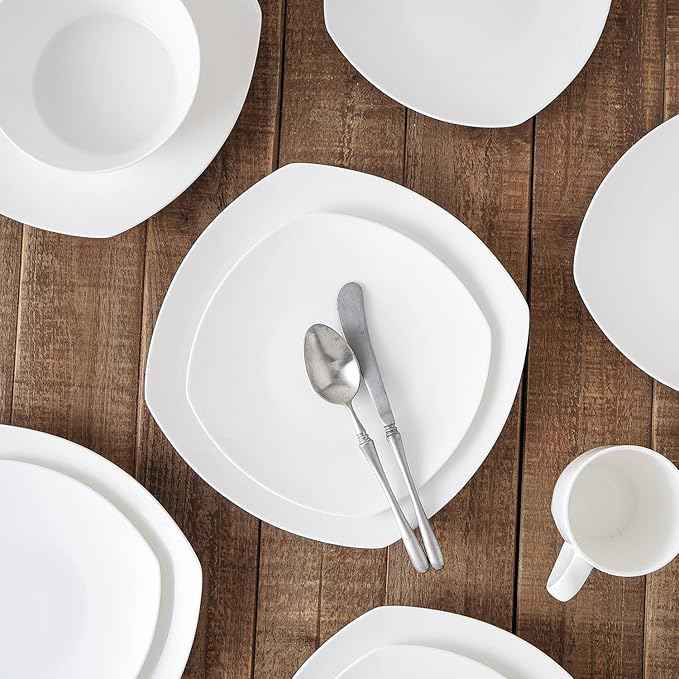 Stone Lain Bone China Soft Square 16 Piece Dinnerware Set, White