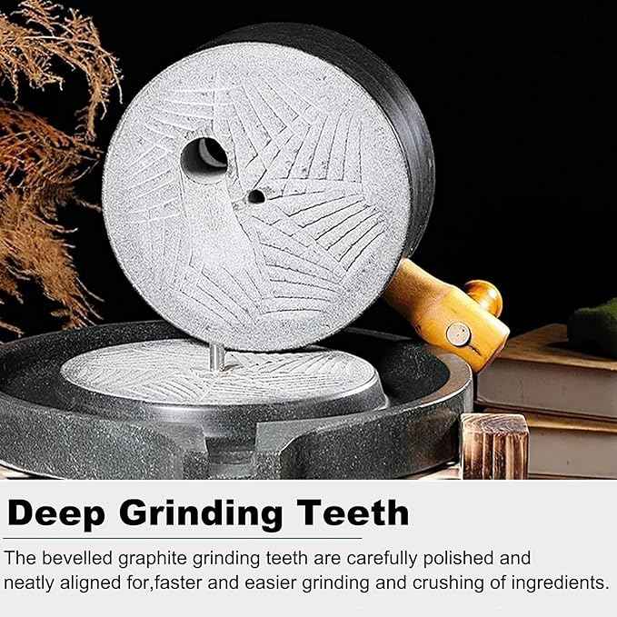 Handmade Stone Mill Grinder with Wooden Stand - Easy to Clean, Perfect for Grinding Wheat, Rice, Almonds - 30cm Tradital Kitchen Tool for Cooking and ing