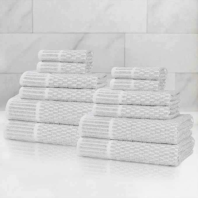Superior Juno Viscose Cotton Blend Medium Weight Towels, Guest Bath, Bathroom, Shower, Spa, Plush, Quick Dry, Ultra-Soft Towels, Bath Essentials, Border Detail, 12 Piece Assorted Towel Set, Platinum