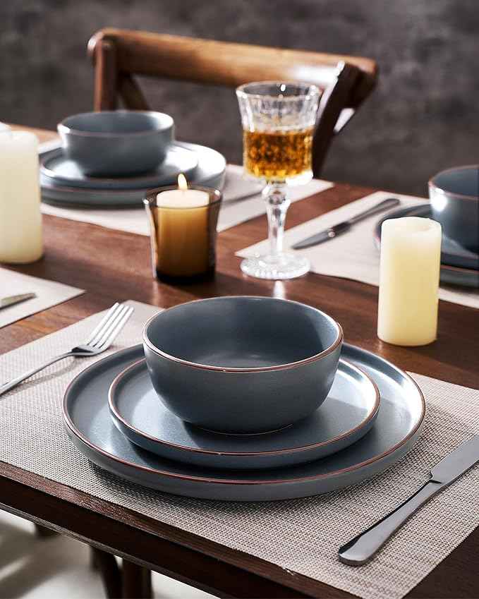 Famiware Mercury Dinnerware Sets with Pasta Bowls, Service for 6 (24 Pieces), Stoneware Plates and Bowls Sets, Microwave and Dishwasher Safe Dishes Set, Charcoal
