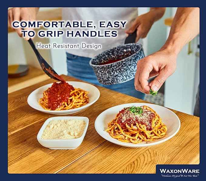 Waxonware 7pc Nonstick Cookware Set, Granite Pots and Pans Set Nonstick - Dishwasher Safe and 100% PFOA & PTFE Free - Kitchen Pot and pan set - Stonetec Series