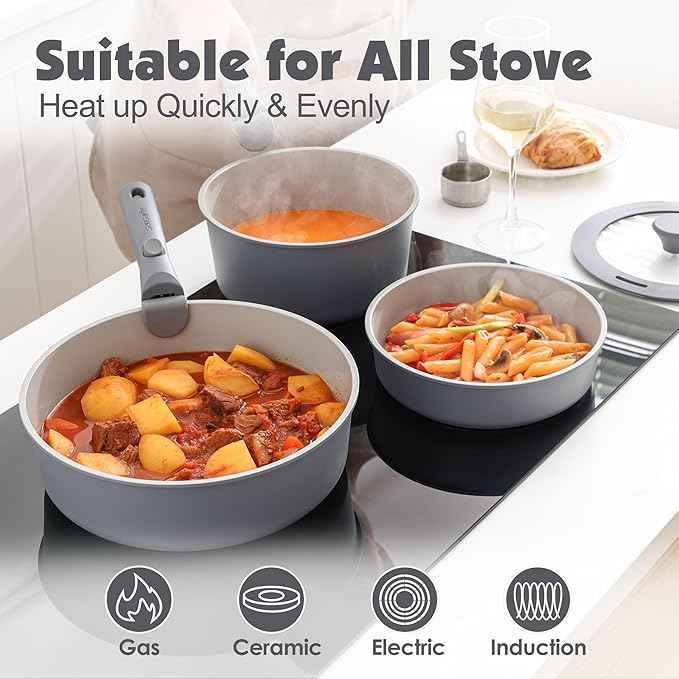 SENSARTE 17 Piece Ceramic Pots and Pans Set, Nonstick Detachable Handle Cookware, Induction Kitchen Cookware Set with Removable Handle, Dishwasher ＆ Oven Safe (Gray)
