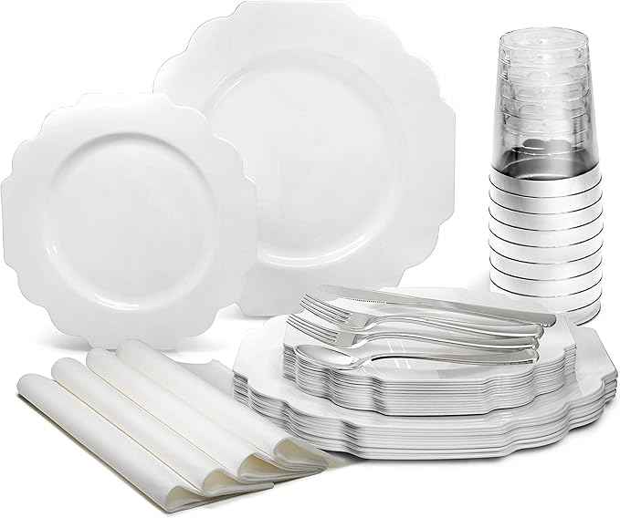 " OCCASIONS " 640 Piece set (80 Guests)-Heavyweight Wedding Party Disposable Plastic Plate Set - 80 x 10.5'' + 80 x 8'' + Silverware + 12oz Cups + Napkins (Imperial in White)
