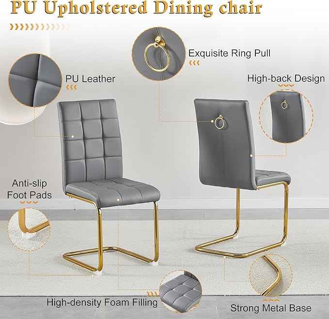 AF ARTISAN FURNITURE 5 Piece Round Glass Dining Table Set, Gold Glass Kitchen Table Set for 4 Modern Table Set with 4 Grey PU Upholstered Dining Chairs, for Small Space, Breakfast Nook