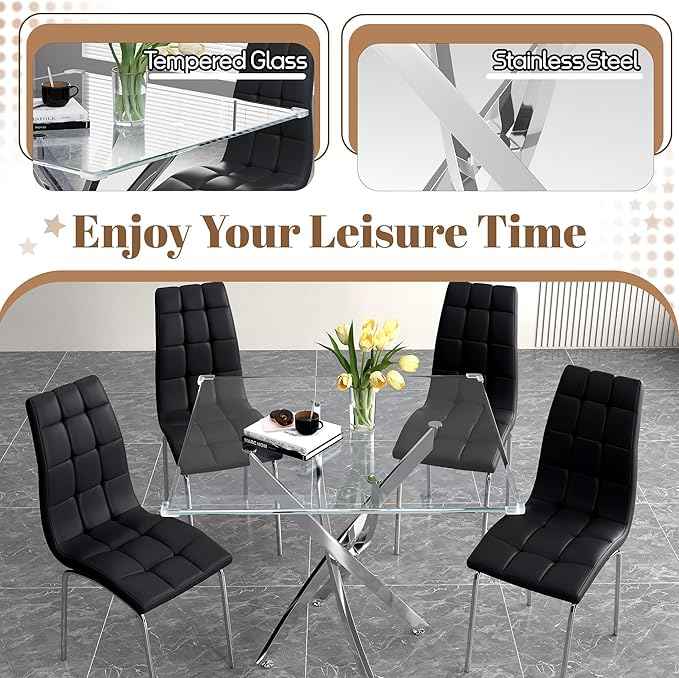 5 Piece Square Glass Dining Table Set, Round Tempered Glass Kitchen Table for 4, Modern Table with 4 High-Back Upholstered Chairs for Kitchen Dining Room (Silver Legs, 4 Black Chairs)