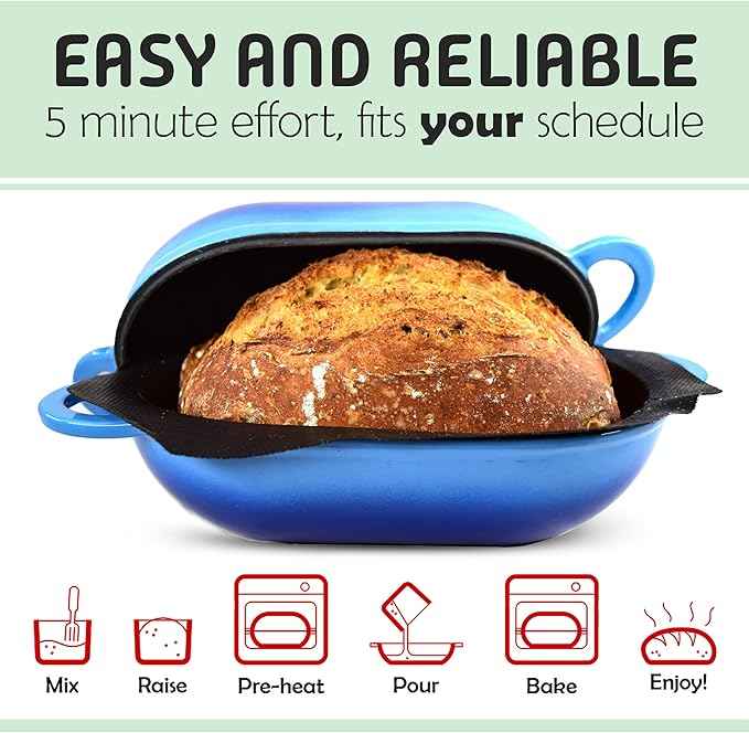 LoafNest: No-Knead Artisan Bread Kit. Incredibly easy! Cast Iron Dutch Oven [2 qt] and Perforated Non-Stick Silicone Liner.